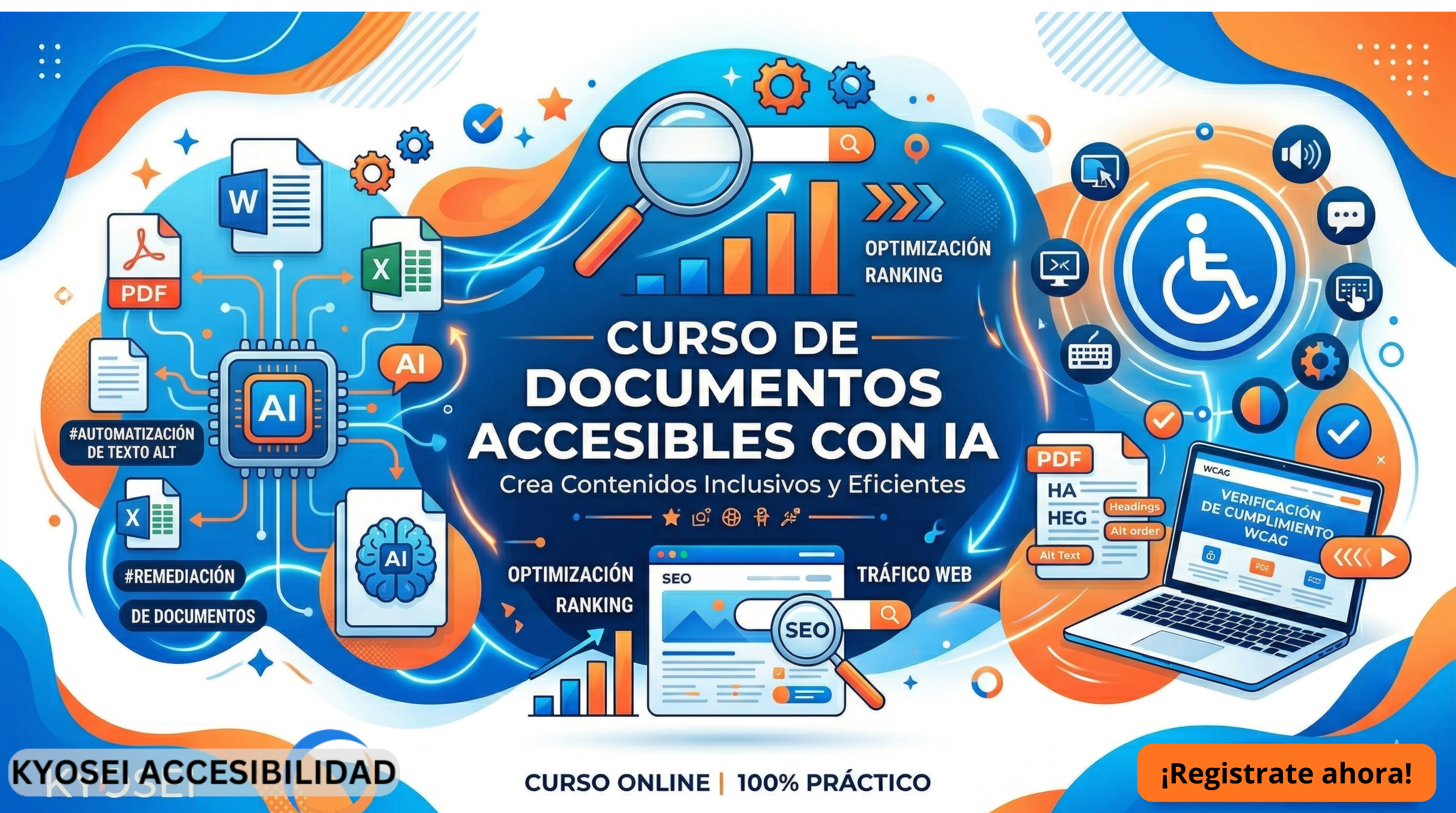 Banner promocional de Kyosei “Curso de Documentos Accesibles con IA”. Incluye ilustraciones de distintos tipos de documentos, un icono grande de accesibilidad, y una laptop dice verificación requerimientos WCAG.