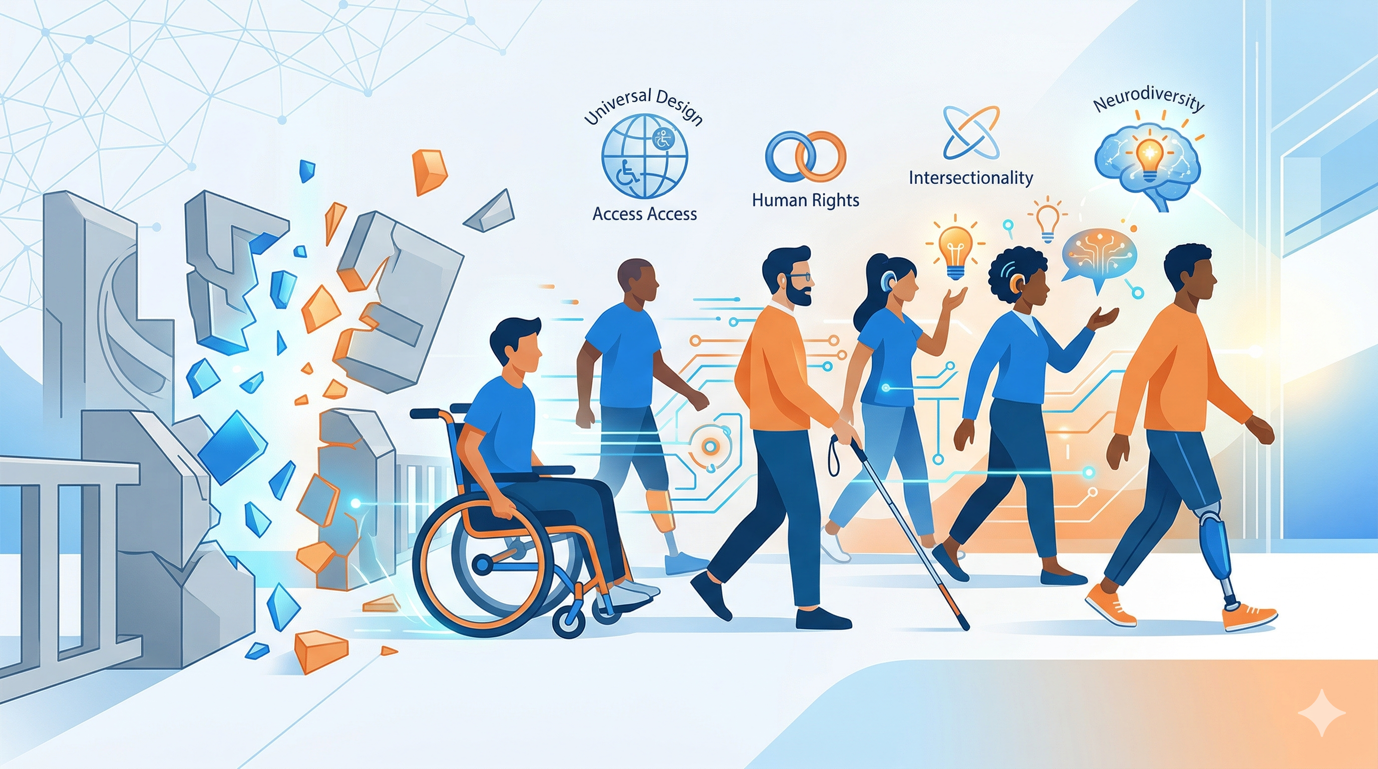 grupo de personas con discapacidad derribando una barrera que queda por detras, y se dirigen hace un lugar con más tecnología